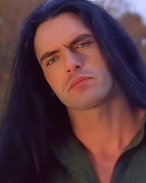 Peter Steele outdoor portrait with long black hair and green eyes